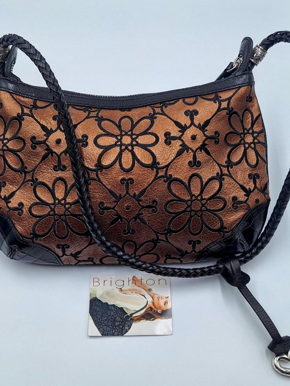 Brighton Valencia Embroidered Bronze Floral Leather Shoulder Bag EUC